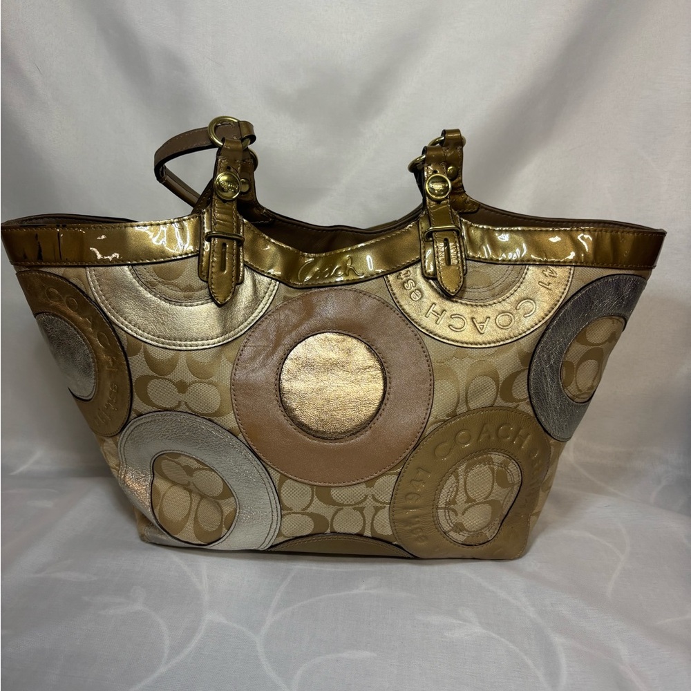 Coach Carly F16180 pieced Patchwork Metallic Signature Leather Tote